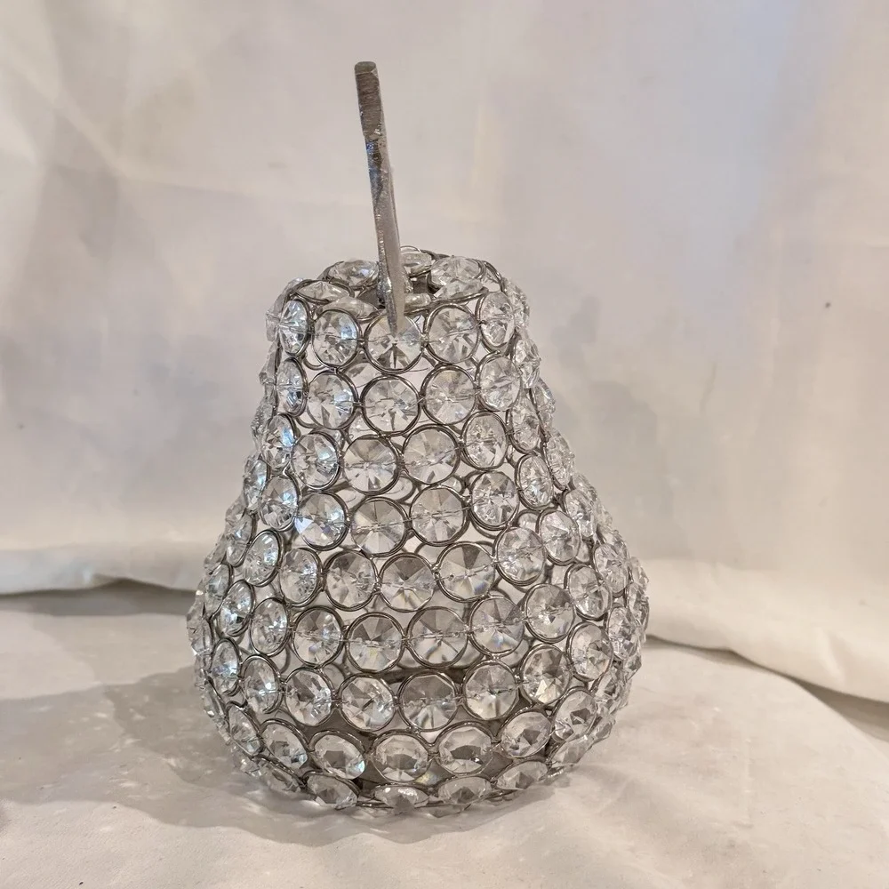 Vintage Crystal Pear Tea Light Candle Votive Cover MCM Fruit Decor Silver Accent